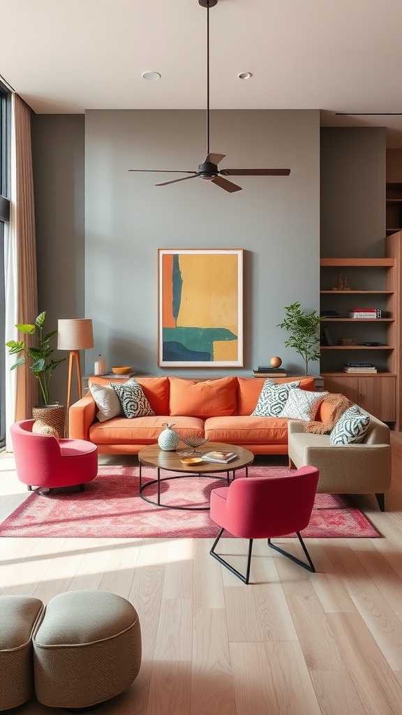 A contemporary living room featuring a gray wall, orange sofa, red accent chairs, and natural light.