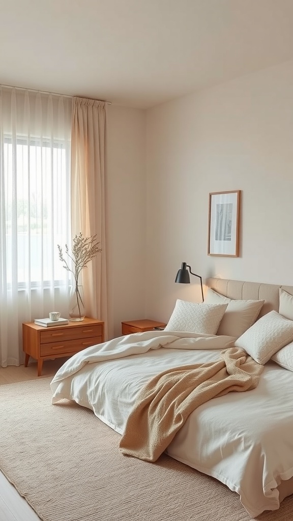 A serene neutral bedroom with soft textures and warm colors.