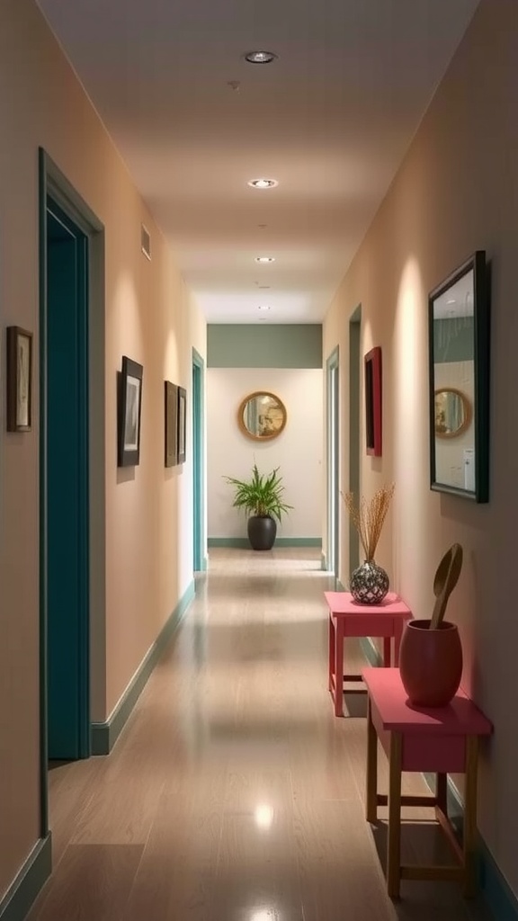A hallway with neutral tones, teal doors, pink accent tables, and artwork on the walls