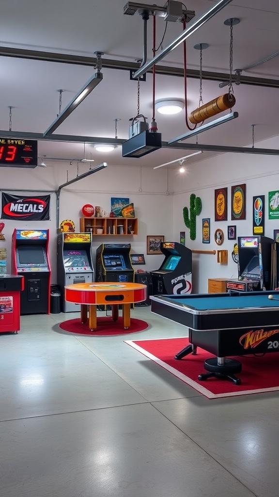 A nostalgic game room with arcade machines, a pool table, and colorful decor.