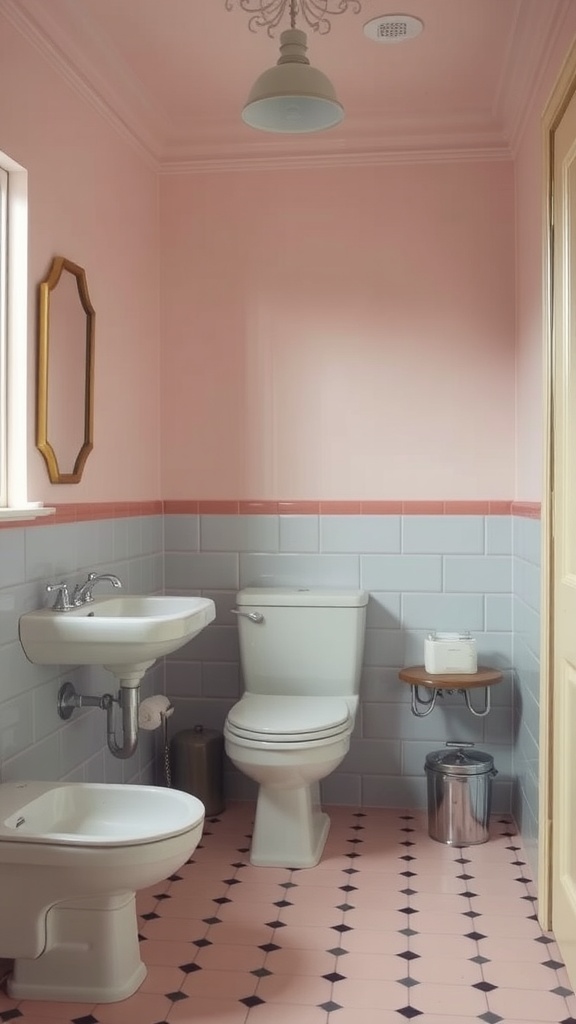 A retro bathroom with pink walls, gray tiles, and vintage light fixtures.