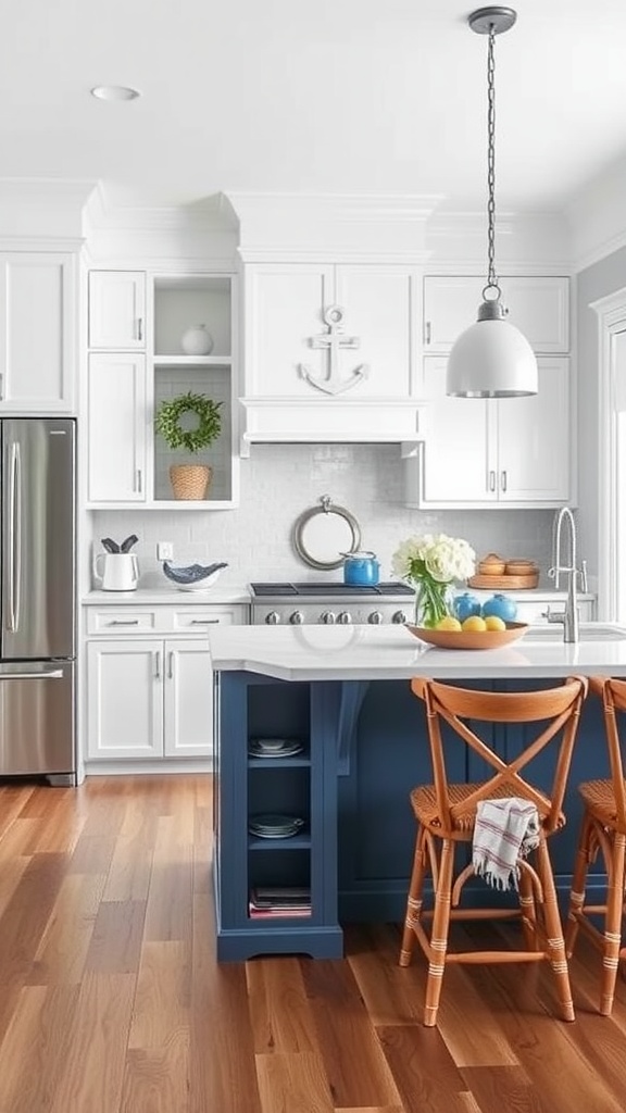 A bright kitchen with white cabinets and a blue island, featuring nautical decor and wooden flooring.