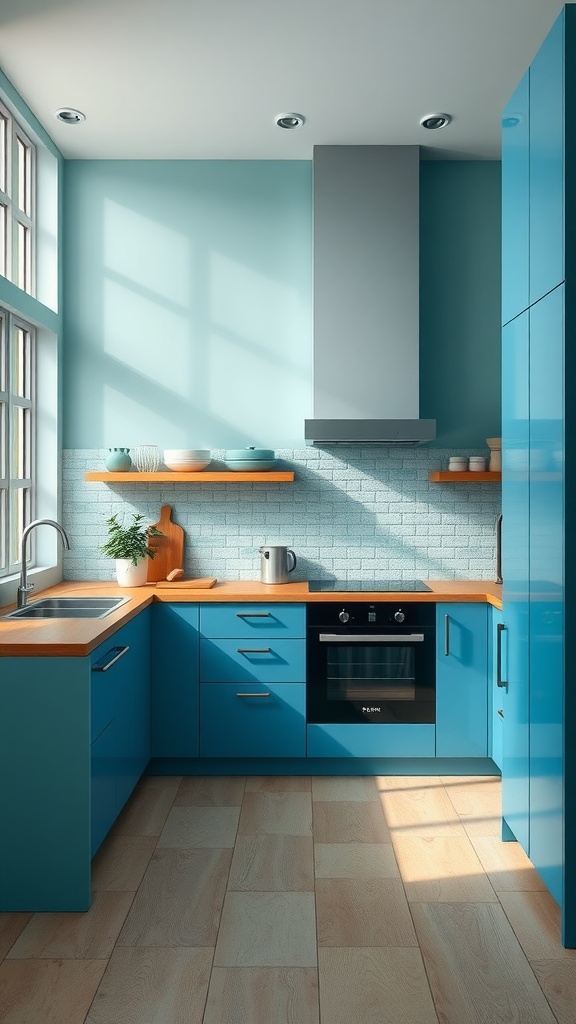 Coastal kitchen with aqua and blue cabinetry and wooden accents