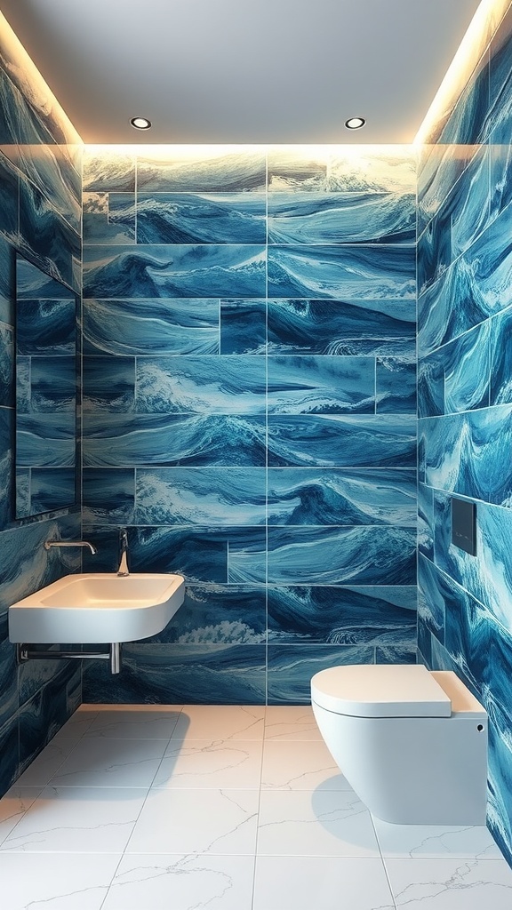 Bathroom with ocean-inspired wave-patterned tiles in shades of blue