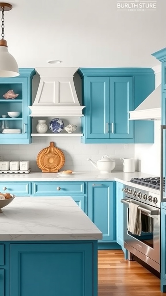 A vibrant kitchen featuring ocean blue cabinets, white countertops, and wooden accents.