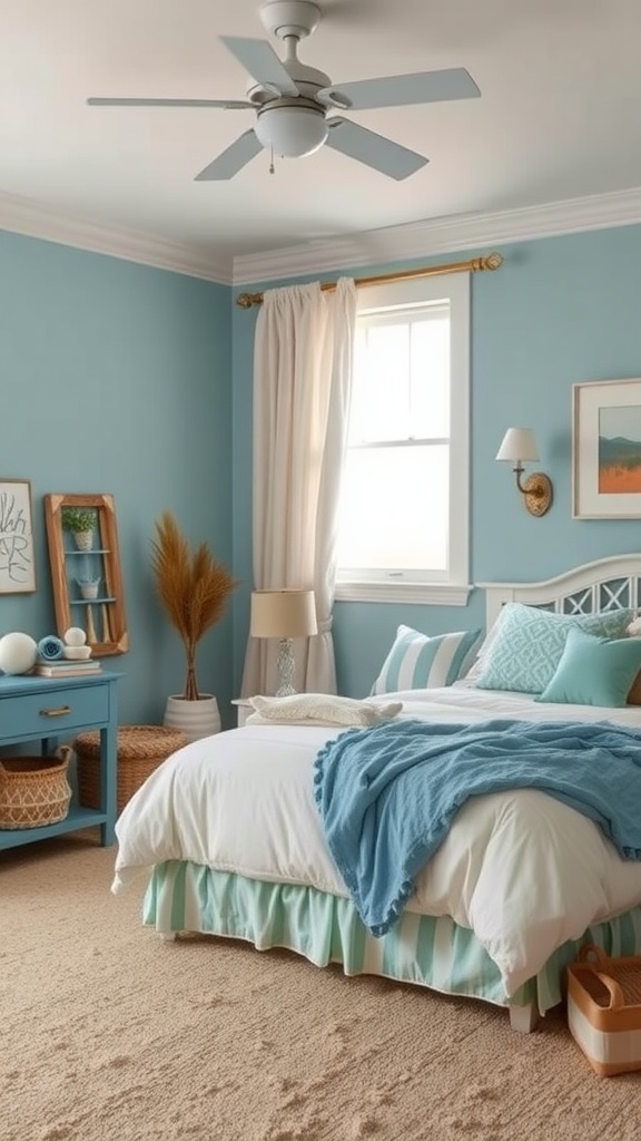 A stylish teen bedroom featuring light blue walls, white bedding with stripes, natural decor, and a cozy atmosphere.