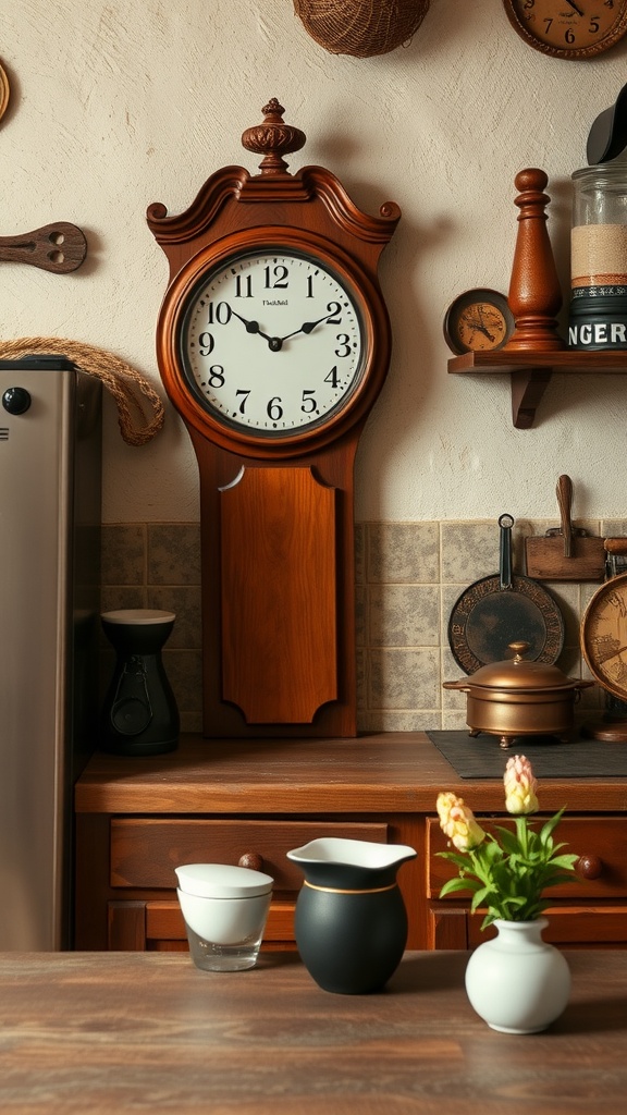 A vintage wooden wall clock displayed in a rustic kitchen with wooden cabinets and decor items.