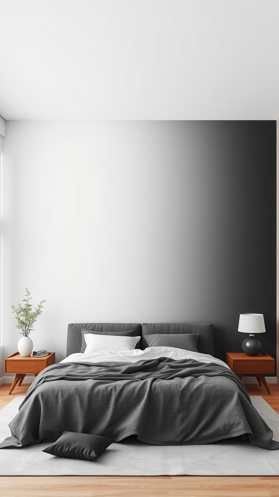 Bedroom featuring an ombre effect accent wall transitioning from light gray to dark gray.