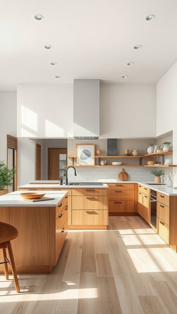 A modern open-concept kitchen with wooden cabinetry and light countertops