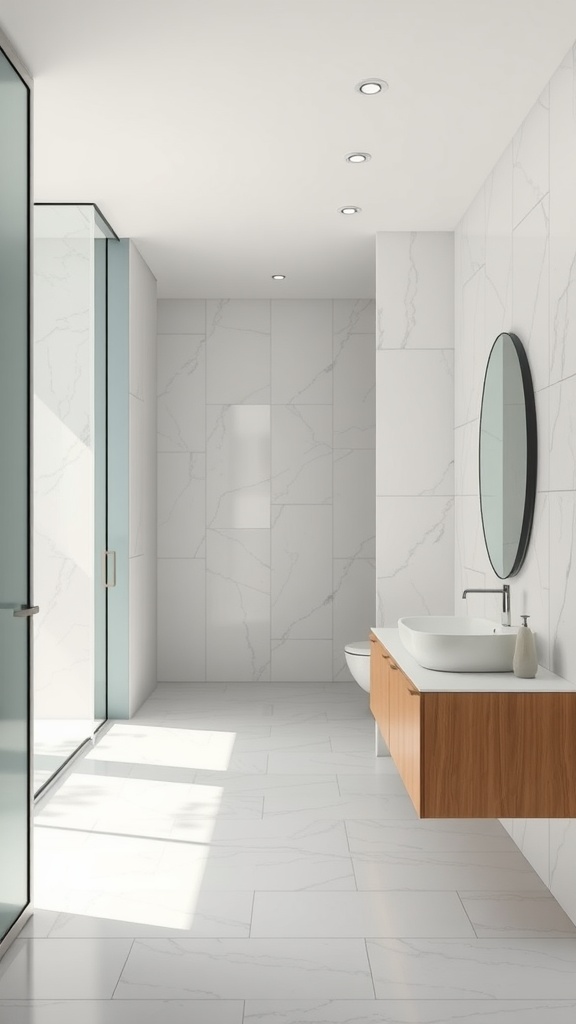 A modern, open-concept bathroom featuring large tiles, a glass shower, and a wooden floating vanity.