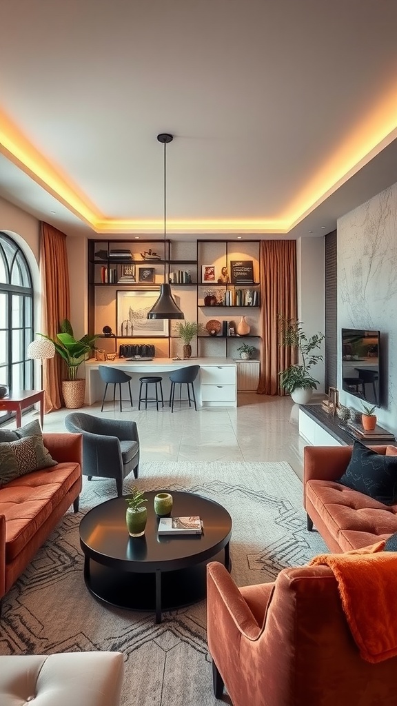 A cozy open-plan living area featuring orange chairs, a black coffee table, and stylish decor.