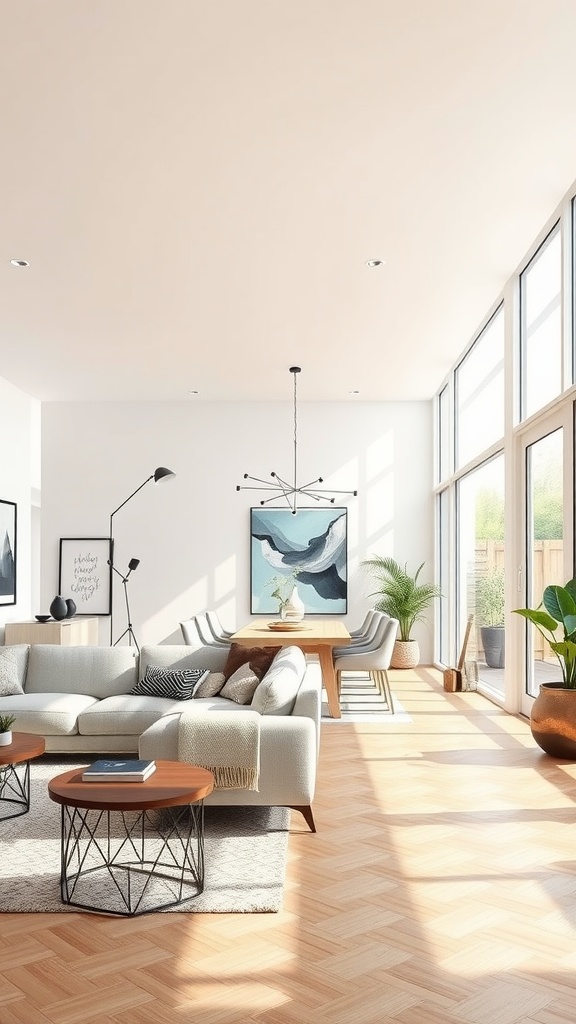 A contemporary open concept living room with large windows, a sectional sofa, and a dining area featuring modern decor.
