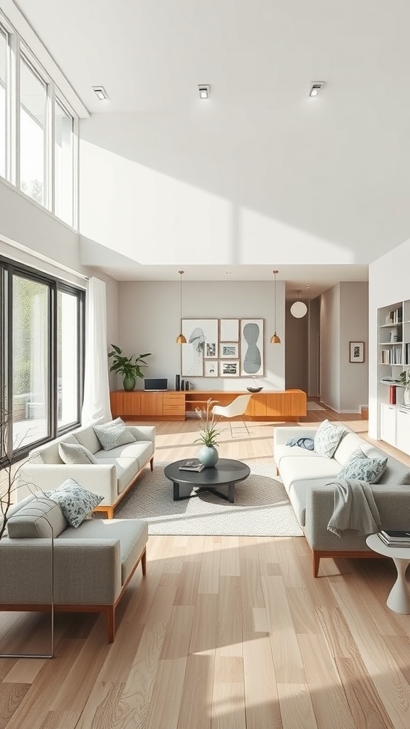 A bright, open concept living room with large windows, minimalist furniture, and a cozy atmosphere.