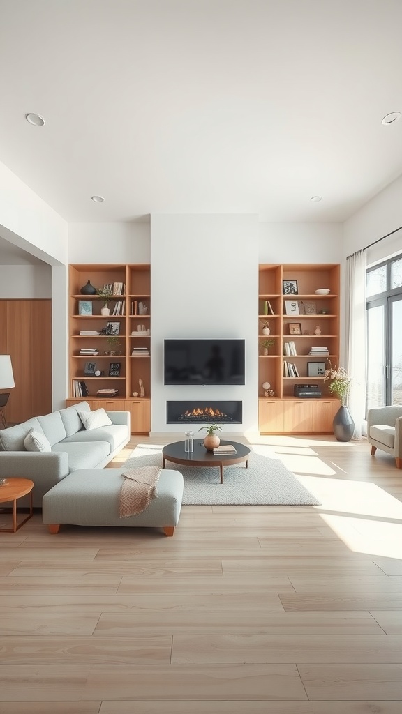 An open concept living room featuring built-in wooden shelves with books and decor, a modern TV, and a cozy seating arrangement