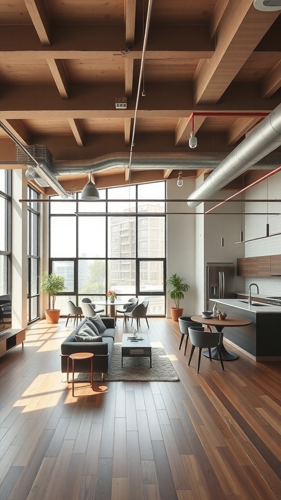 A spacious urban loft with large windows, wooden beams, and a cozy modern decor.