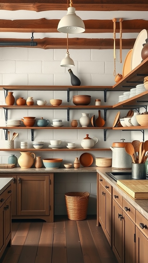 A rustic kitchen featuring open concept shelving with a variety of pottery and wooden dishes, complemented by warm wooden accents.