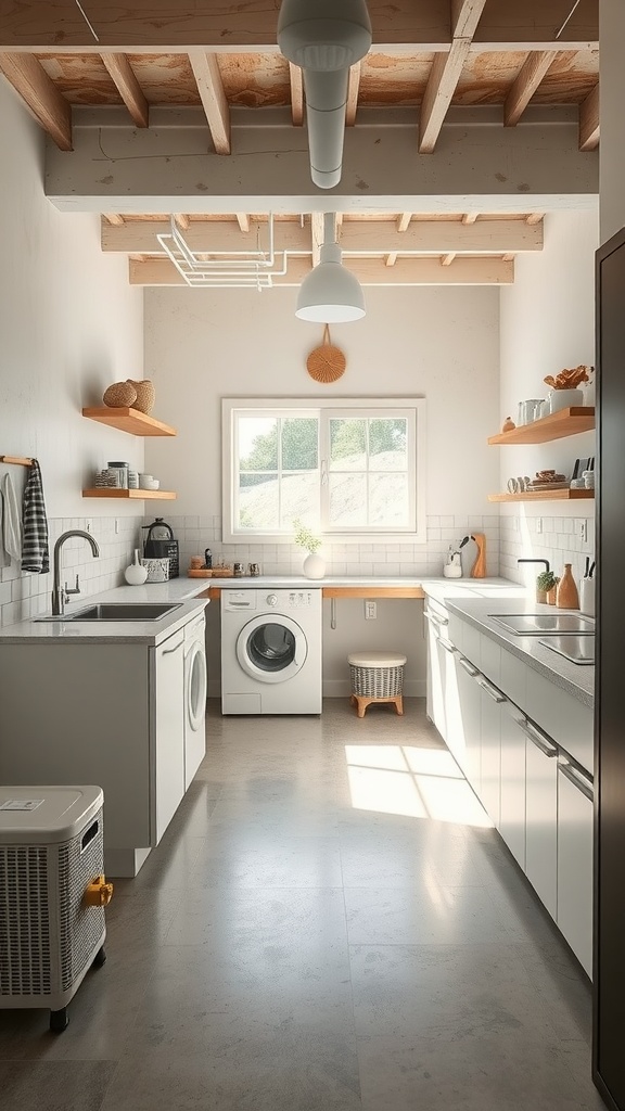 An open concept utility room featuring a washing machine, dryer, and wooden shelves.