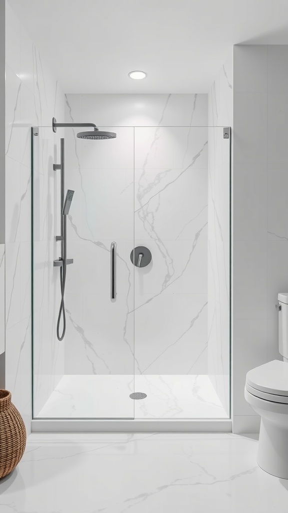 Spacious open concept walk-in shower with glass walls and marble tiles.
