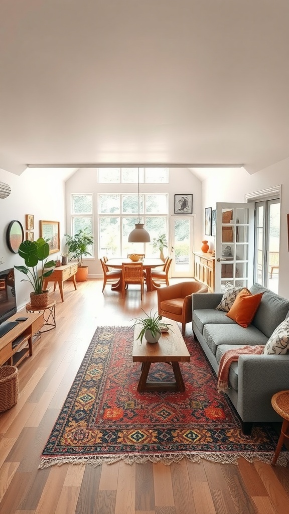 A bright and inviting open floor plan living room featuring a cozy seating area and dining space.