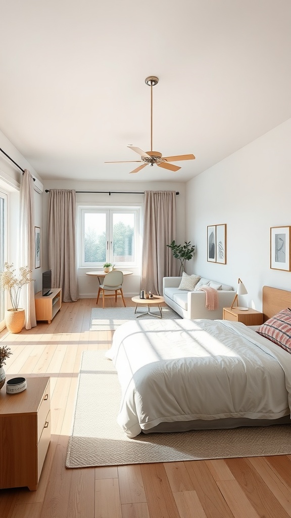 A Scandinavian bedroom featuring an open floor plan with large windows, a cozy sofa, and light wooden furniture.