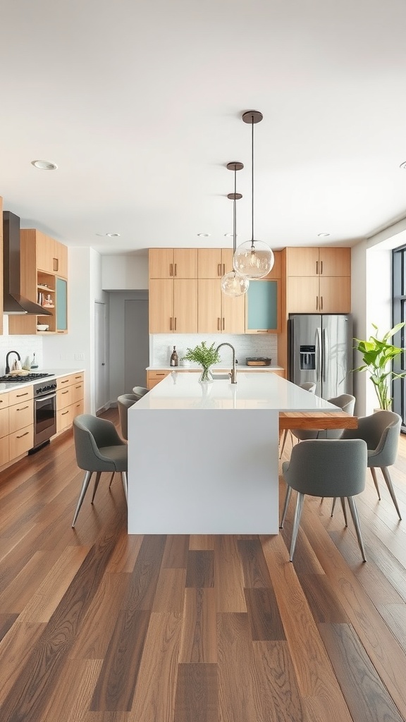Open kitchen with integrated dining area, featuring a large island with chairs, wooden cabinetry, and modern decor.