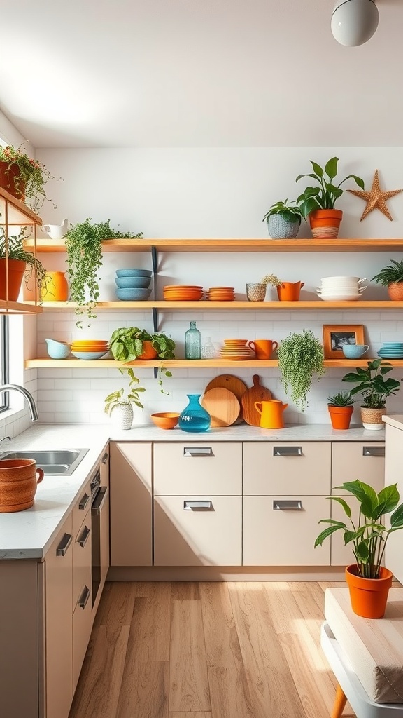 A modern kitchen featuring open shelving with vibrant dishware and plants.