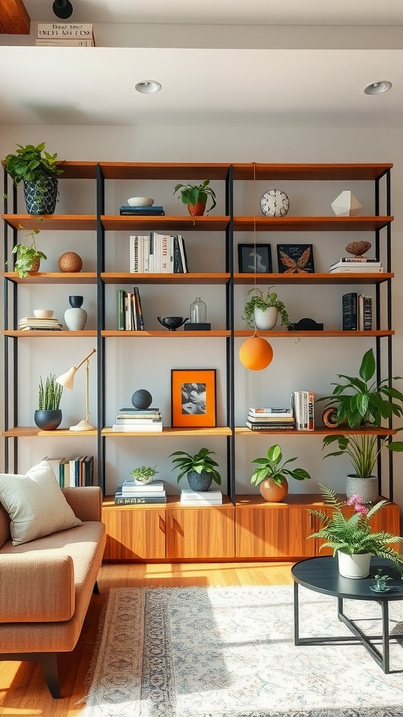 Contemporary living room featuring open shelving with decorative displays and plants.