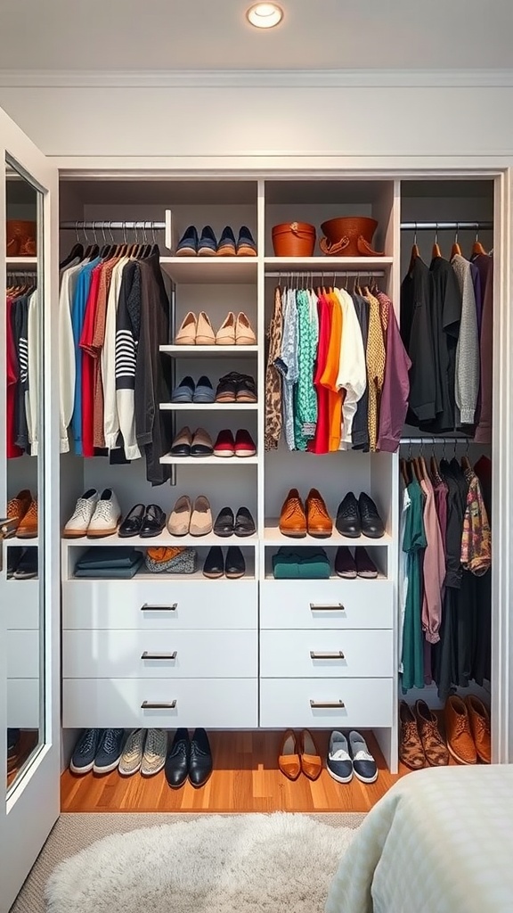 An organized bedroom closet featuring open shelving with clothing and shoes neatly arranged.