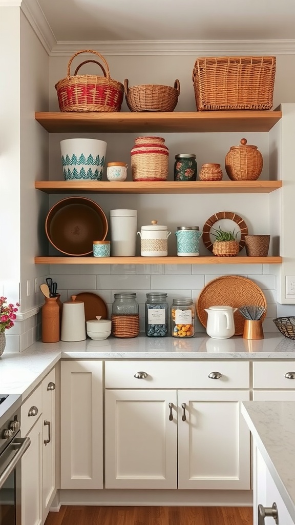 Open shelving in a kitchen with colorful baskets, jars, and decorative items.