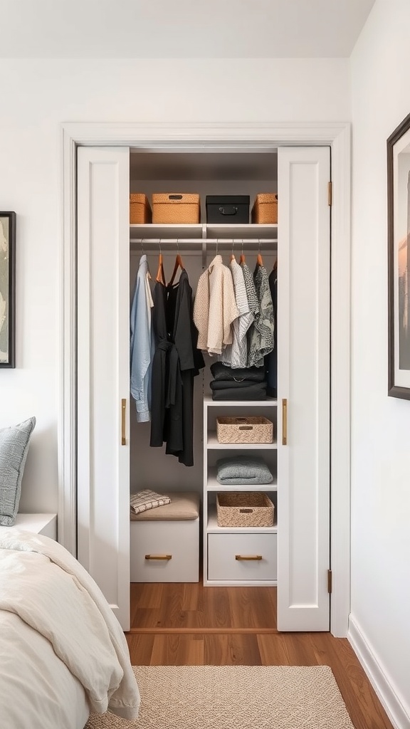 Organized closet space in a small bedroom with hanging clothes and storage baskets.