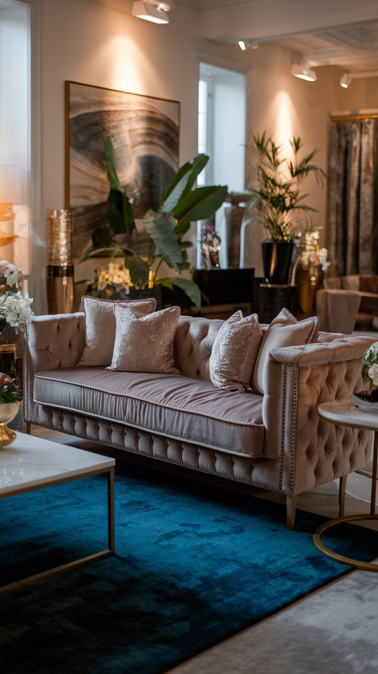 A luxurious velvet sofa with tufted design and decorative pillows in a stylish living room.