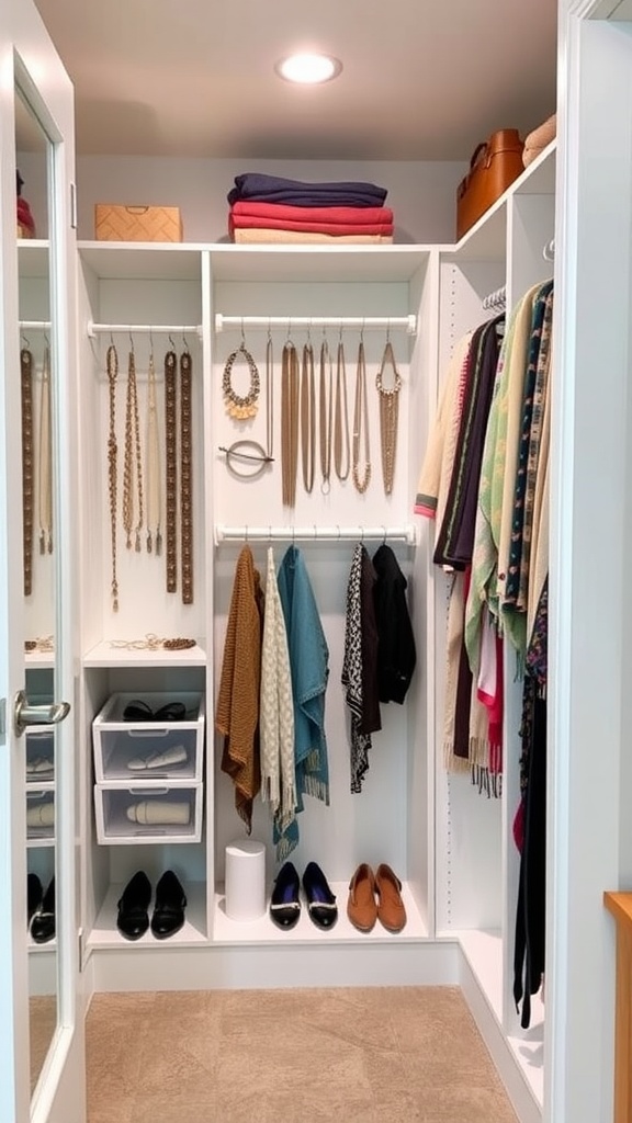 A neatly organized walk-in closet with accessories like necklaces, belts, and shoes displayed on shelves.