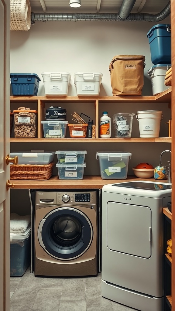 A neatly organized utility room with clear bins and labeled storage
