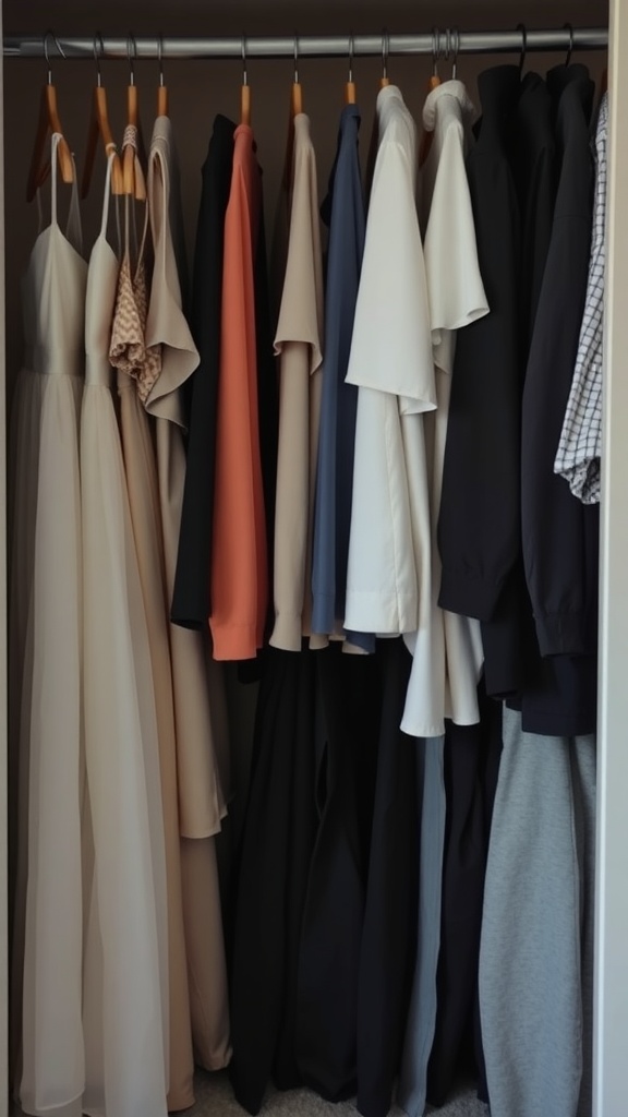 A neatly organized bedroom closet with dresses and tops hanging in order.