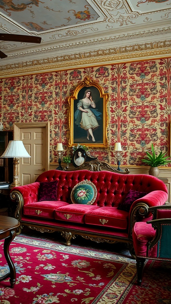 Victorian parlor featuring a red velvet sofa, floral wallpaper, ornate furnishings, and elegant lighting.