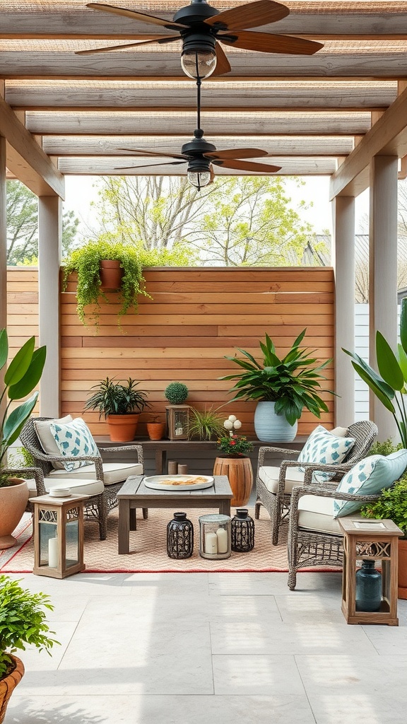 A cozy outdoor patio area with wicker chairs, a coffee table, and various plants.