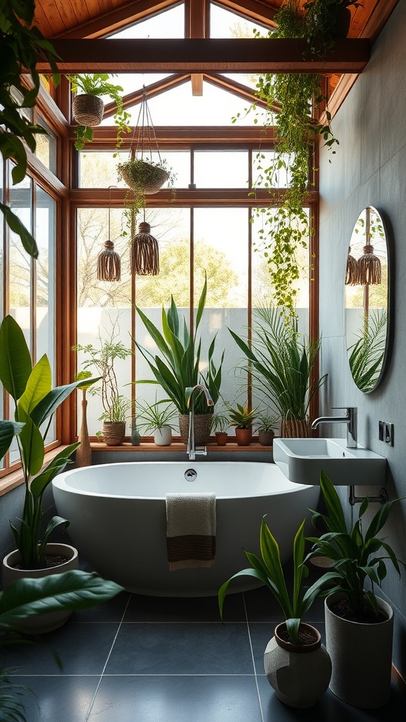 A spacious bathroom filled with plants, large windows, and natural light, featuring a freestanding tub.