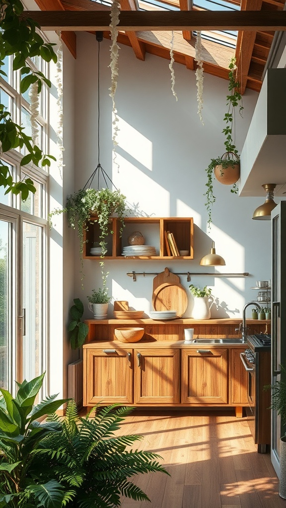 A bright indoor kitchen with wooden cabinets, open shelves, and hanging plants, featuring large windows that let in sunlight.