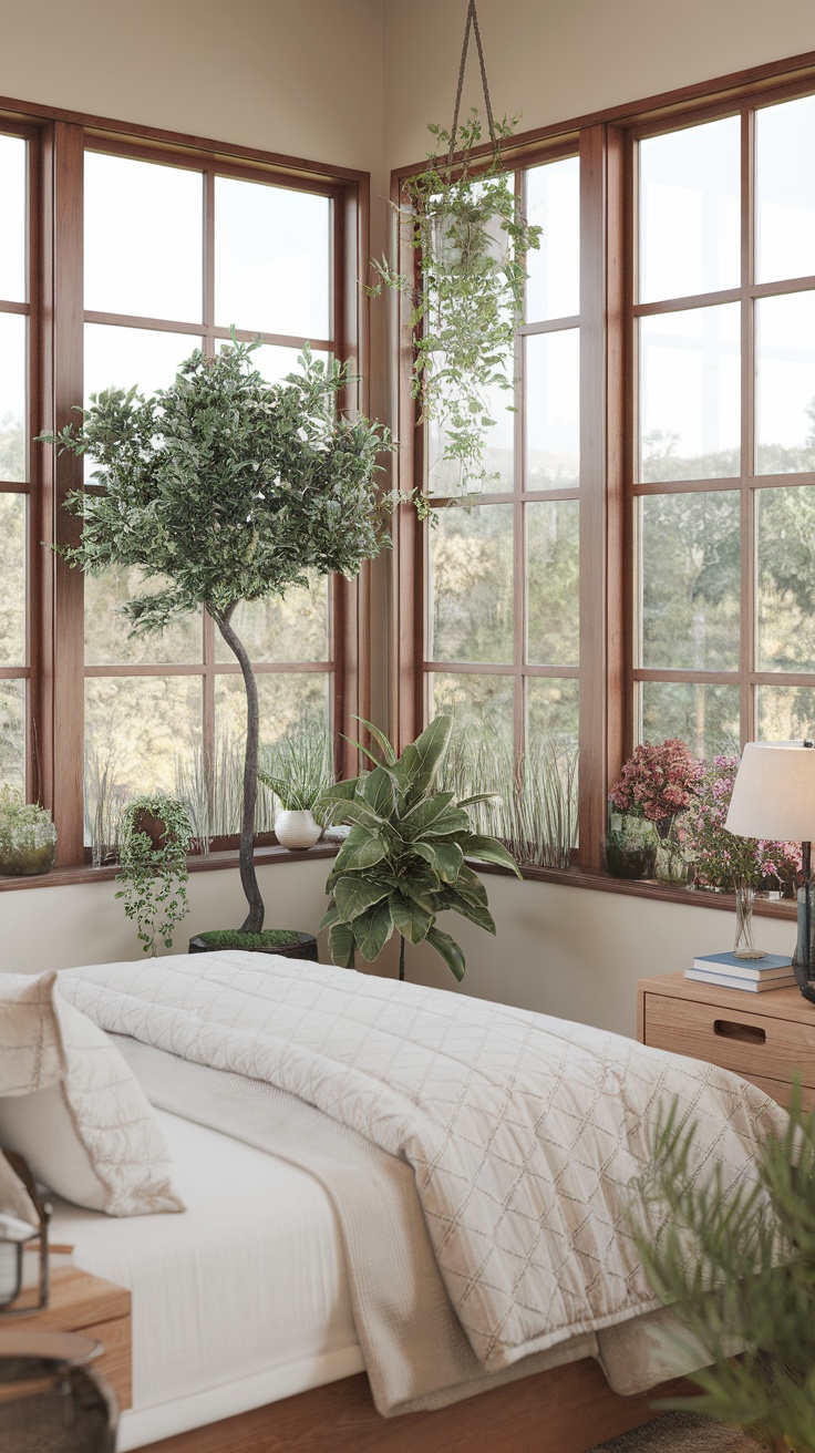 A contemporary bedroom with large windows, indoor plants, and a cozy bed.