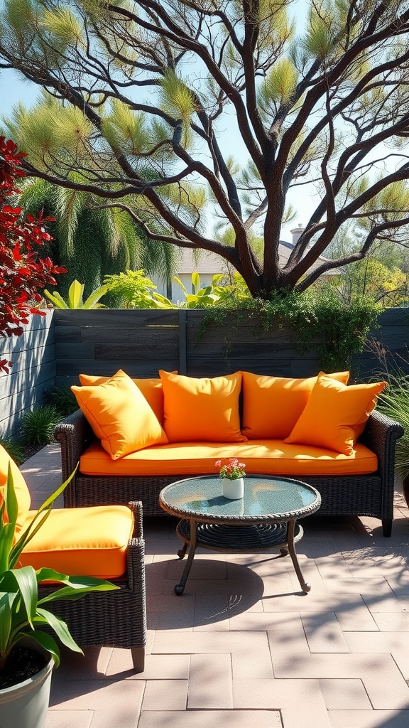 A bright orange outdoor sofa with wicker frame, surrounded by lush greenery and a glass-top coffee table.