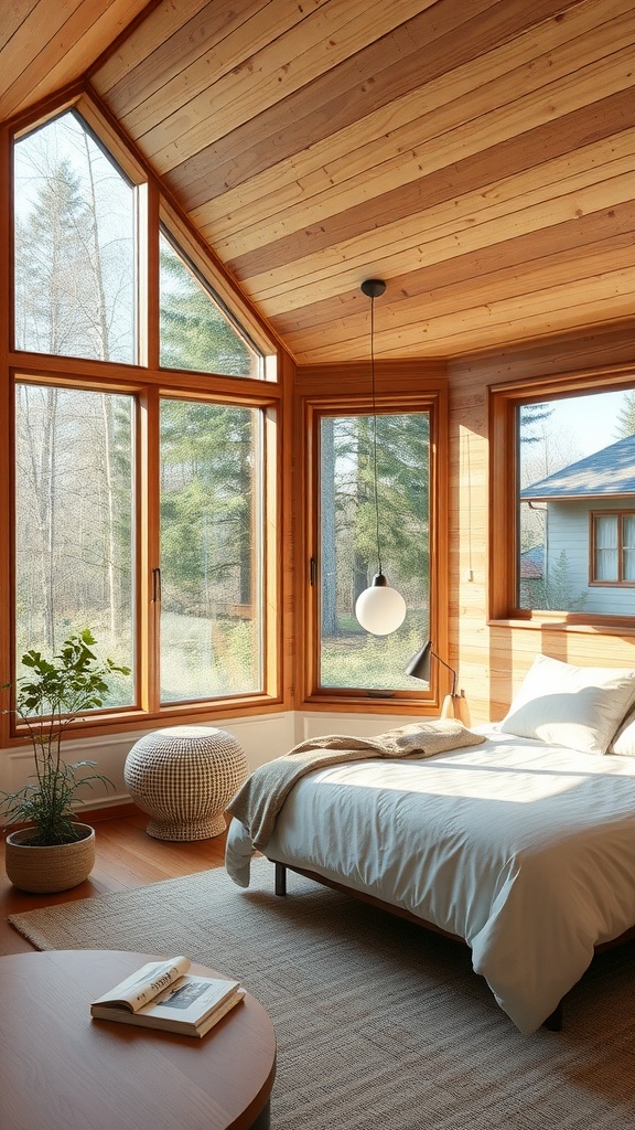 A cozy Scandinavian bedroom with wooden walls and large windows overlooking trees.