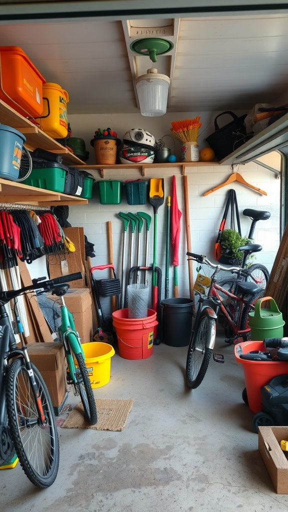 Organized garage with tools, bicycles, and colorful storage bins