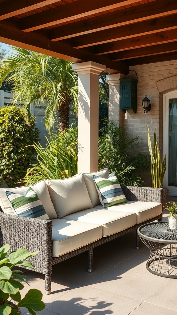 A stylish outdoor patio sofa with light cushions and striped pillows, surrounded by greenery and a coffee table.