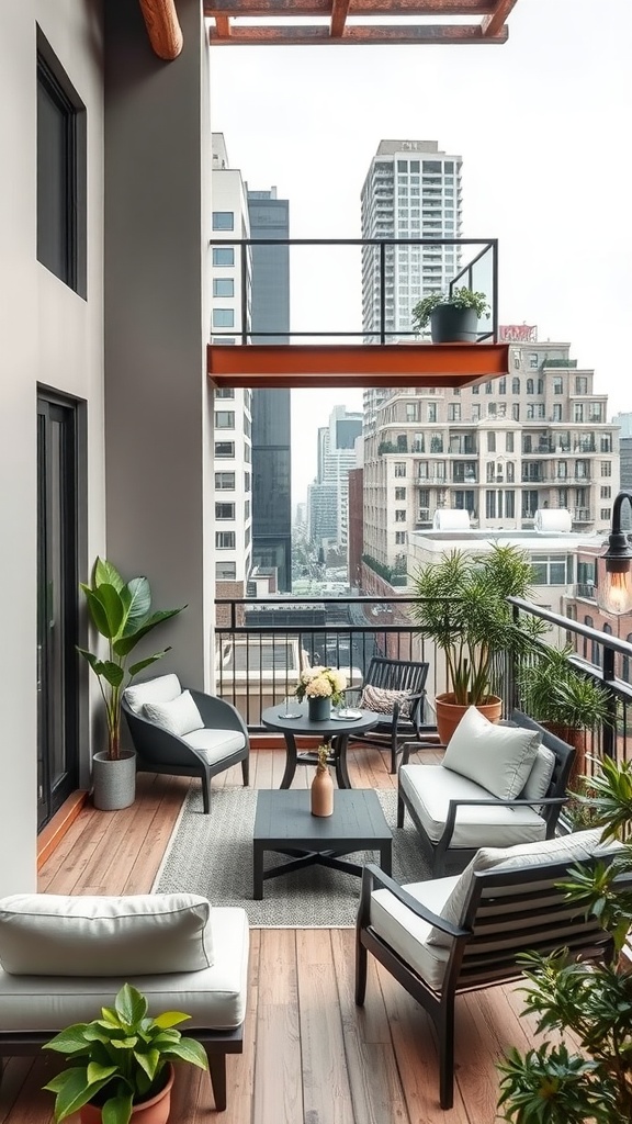 Stylish urban loft balcony with seating and plants overlooking cityscape
