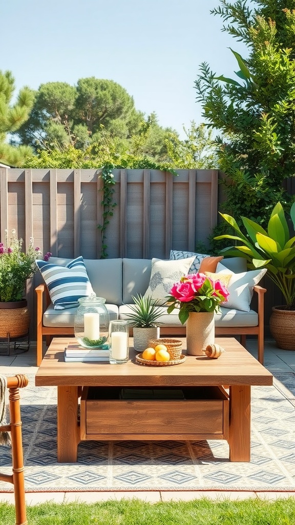 A stylish outdoor coffee table setup with flowers, plants, and fruits.