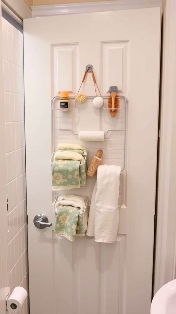 An over-the-door organizer mounted on a bathroom door, holding towels, a sponge, and beauty products.