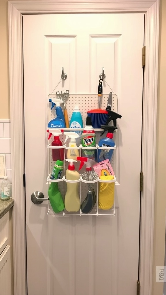 An over-the-door organizer filled with various cleaning supplies, showcasing efficient use of space.