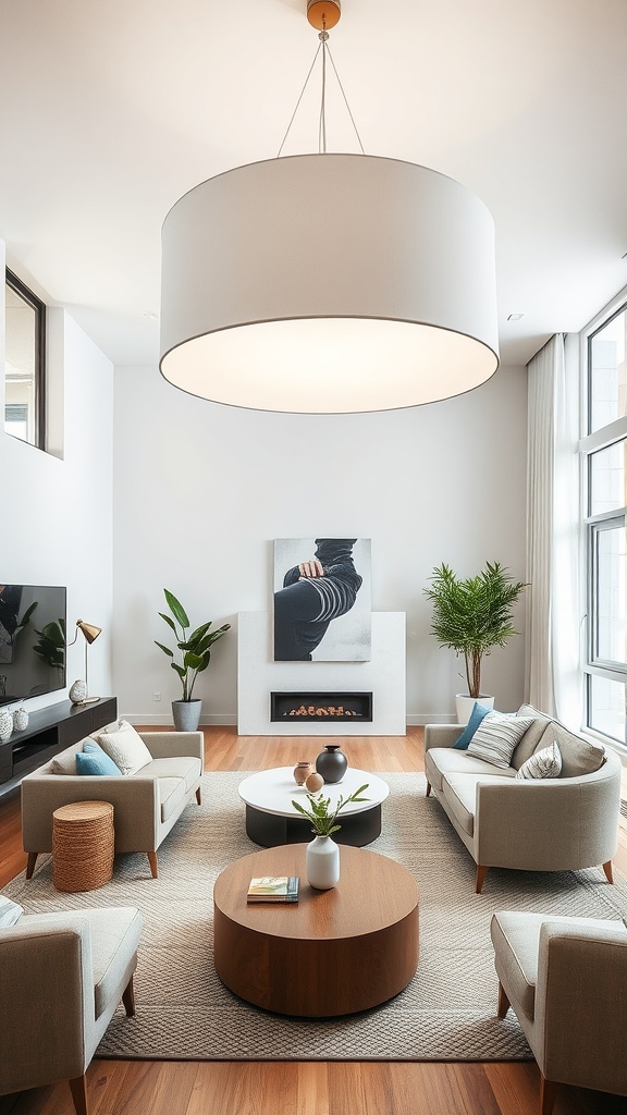 A modern living room featuring an oversized drum shade light fixture hanging from the ceiling, illuminating a cozy seating area with elegant furniture.