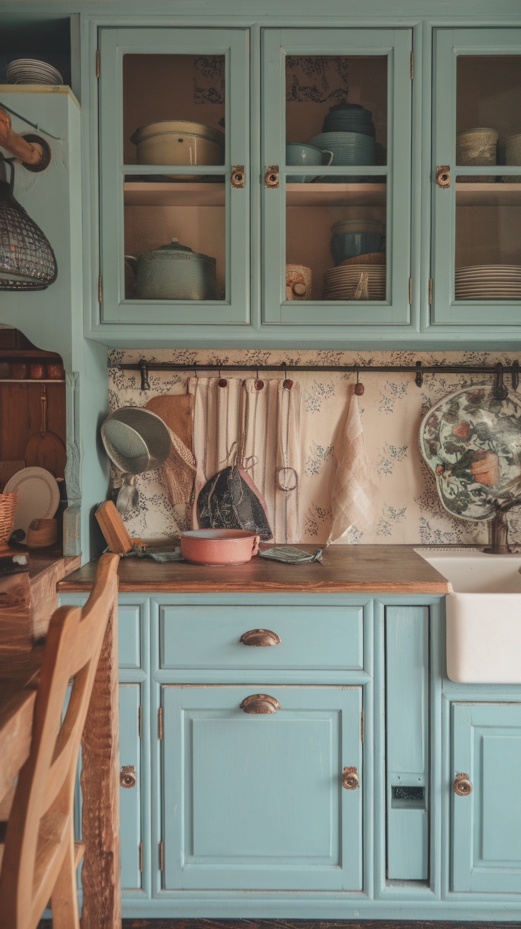 A cozy kitchen with pastel blue cabinets, wooden beams, and open shelving filled with plants and kitchenware.