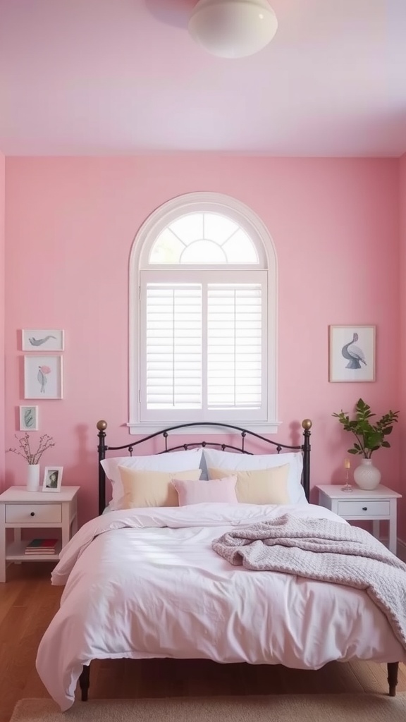 A cozy bedroom featuring a pastel pink color palette with white bedding and soft yellow pillows.